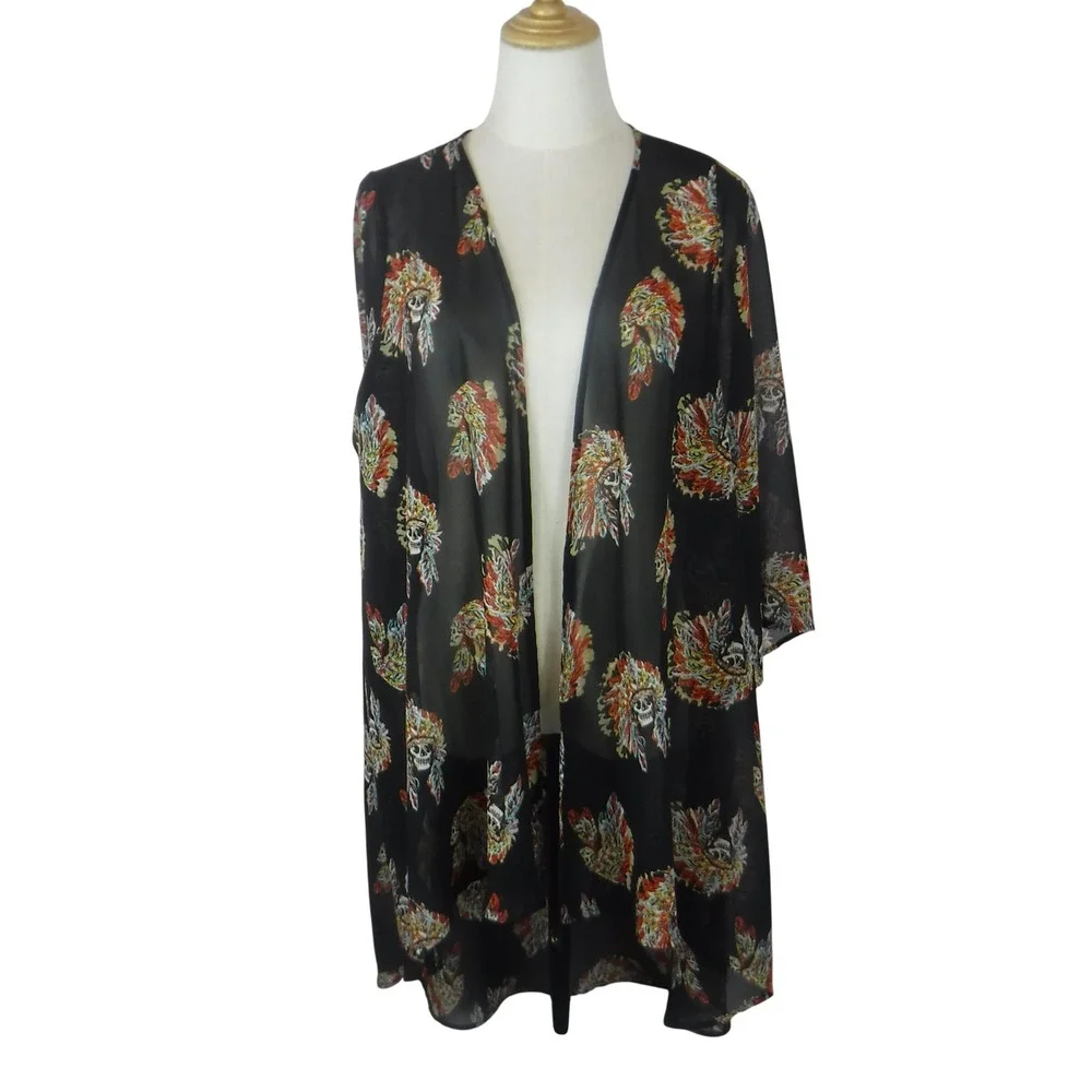 Giddy‎ Up Glamour Skull Headdress Kimono Cardigan Black High Low Sheer XL 1410